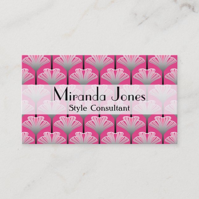 Art Deco Lily, Fuchsia Pink and Silver Grey Business Card (Front)