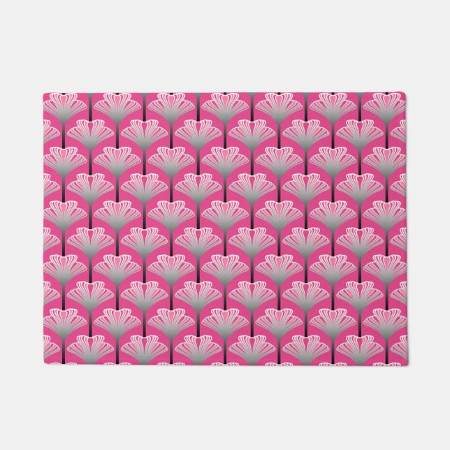 Art Deco Lily, Fuchsia Pink and Silver Grey Doormat (Front)