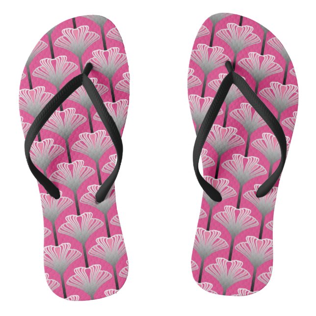 Art Deco Lily, Fuchsia Pink and Silver Grey Flip Flops (Footbed)