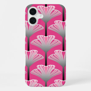 Art Deco Lily, Fuchsia Pink and Silver Grey iPhone 16 Plus Case