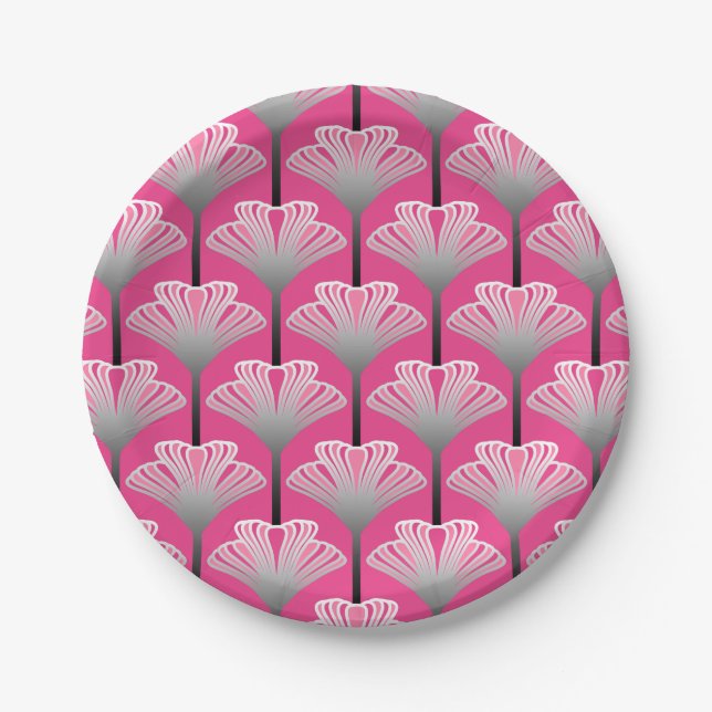 Art Deco Lily, Fuchsia Pink and Silver Grey Paper Plate (Front)
