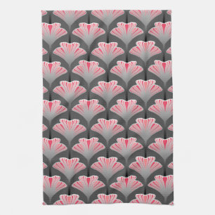 Art Deco Lily, Grey / Grey and Coral Pink Tea Towel