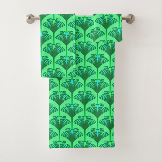 Art Deco Lily, Jade Green and Turquoise Bath Towel Set (Insitu)