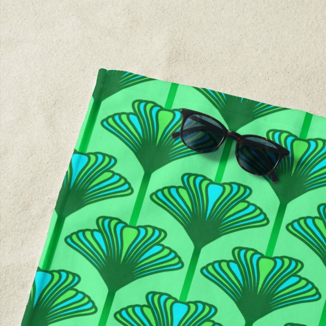 Art Deco Lily, Jade Green and Turquoise Beach Towel (In Situ)