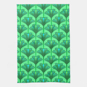 Art Deco Lily, Jade Green and Turquoise Tea Towel