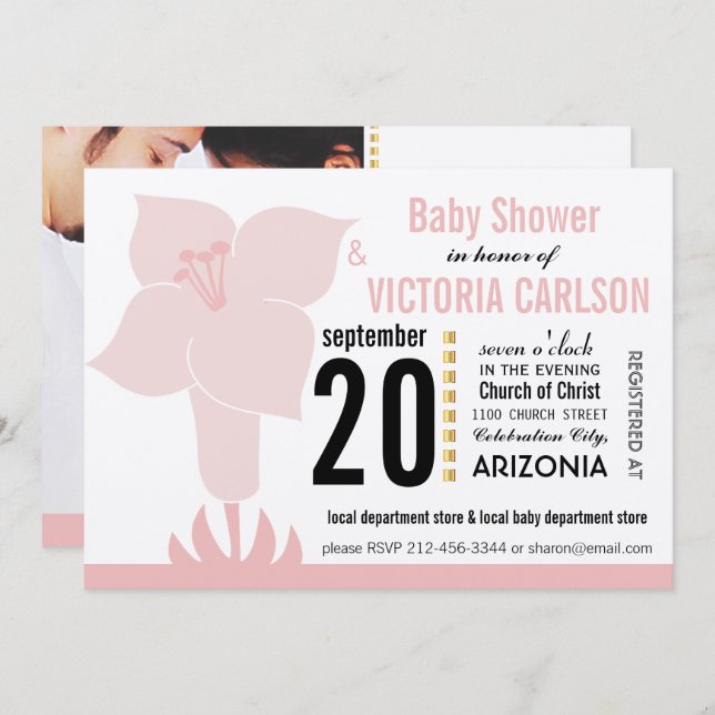 Art Deco Lily Modern Typography Baby Shower Invitation (Front/Back)