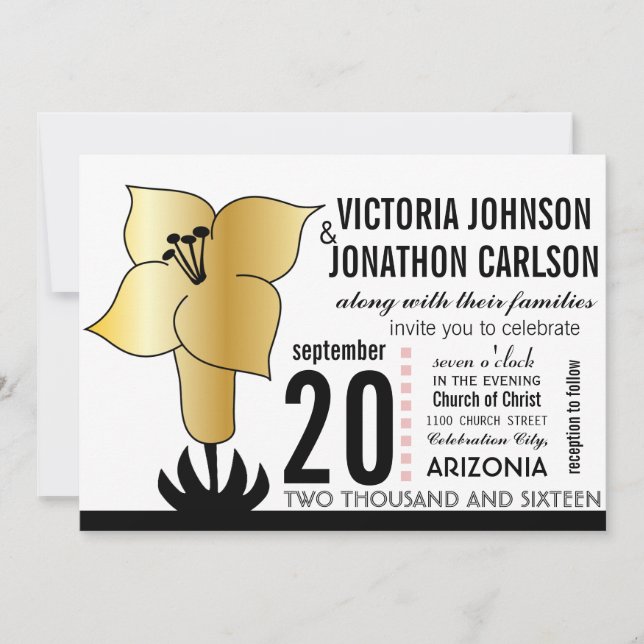 Art Deco Lily Modern Typography Wedding Invite (Front)
