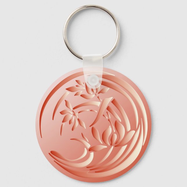 Art Deco Lily pattern - coral orange Key Ring (Front)