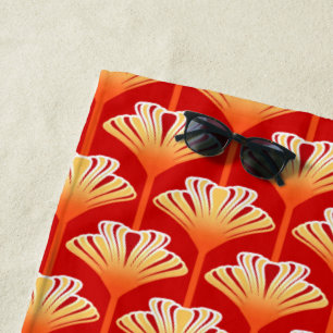 Art Deco Lily, Tangerine Orange and Gold Beach Towel