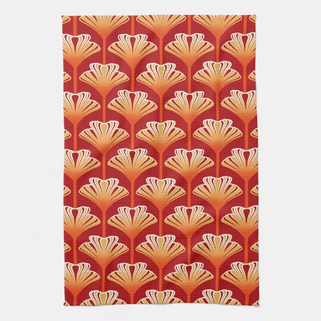 Art Deco Lily, Tangerine Orange and Gold Tea Towel (Vertical)