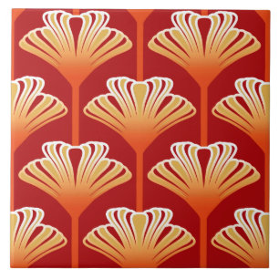 Art Deco Lily, Tangerine Orange and Gold Tile
