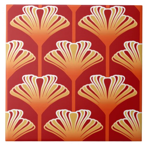 Image of Art Deco Lily, Tangerine Orange and Gold Tile