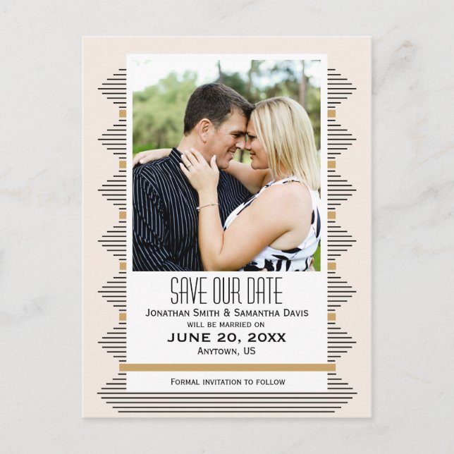 Art Deco Lines, Gold & Black Photo Save The Date Announcement Postcard (Front)