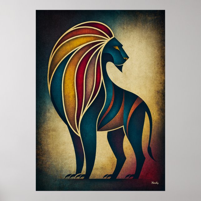 Art Deco Lion Abstract Geometric Animal Wall Art (Front)