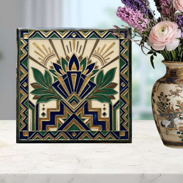 Art Deco Lotus Floral Navy Blue Gold Green Pattern Tile (Creator Uploaded)