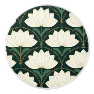 Art Deco Lotus Flowers on Golden Fans Pattern Ceramic Knob