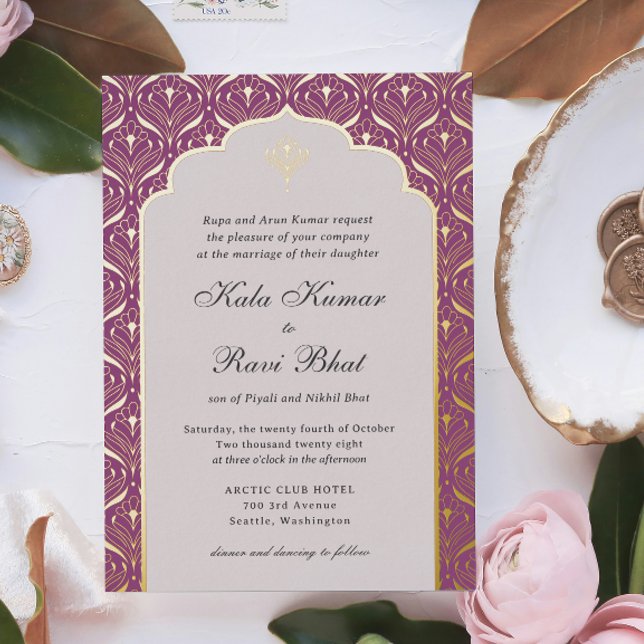 Art Deco Lotus Gold Floral Wedding (Indian wedding invitation, art deco wedding invitation, hindu wedding invitation, gold foil mundap)