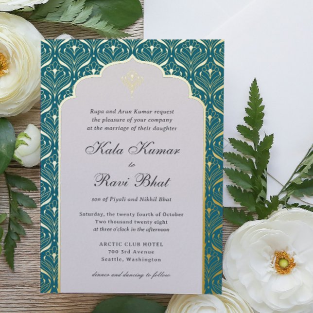 Art Deco Lotus Gold Floral Wedding (art deco wedding invitation, indian wedding invitation, hindu wedding invitation, gold foil invite)