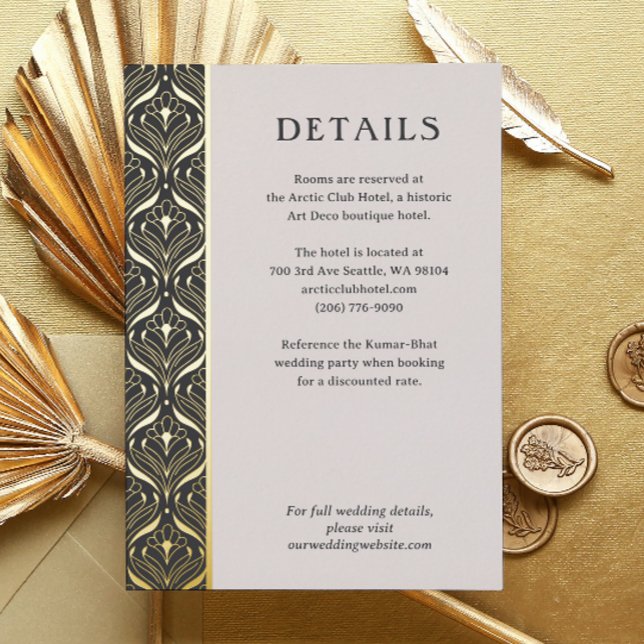 Art Deco Lotus Gold Wedding Details Enclosure Card (art deco wedding details enclosure card, indian wedding invitation suite, gold foil hotel info card)