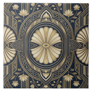 Art Deco Lotus Mandala Navy & Gold Geometric Patte Tile