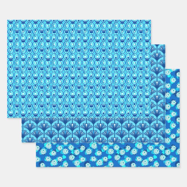 Art Deco Lotus Patterns, Turquoise & Cobalt Blue Wrapping Paper Sheet (Set)