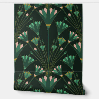 Art Deco Lotus - Scallop Lotus - Emerald Green Wallpaper