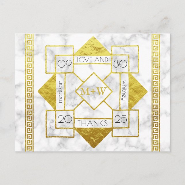 Art Deco Love and Thanks Wedding Marble Gold Foil Postcard (Front)