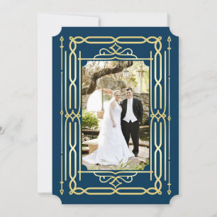 Art Deco Love & Thanks Gold Blue Photo Thank You Card