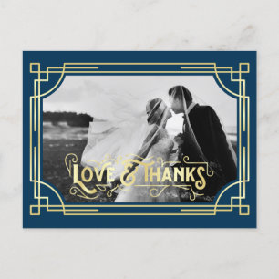 Art Deco Love & Thanks Gold Dark Blue Thank You Postcard
