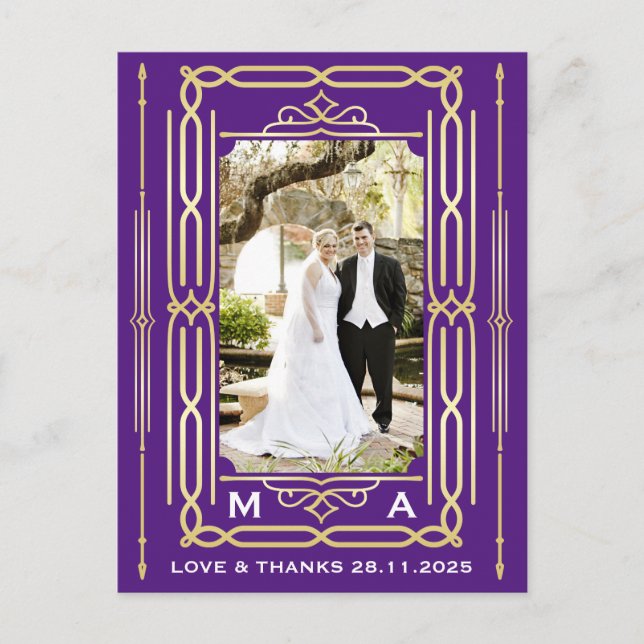 Art Deco Love & Thanks Gold Purple Photo Thank You Postcard (Front)