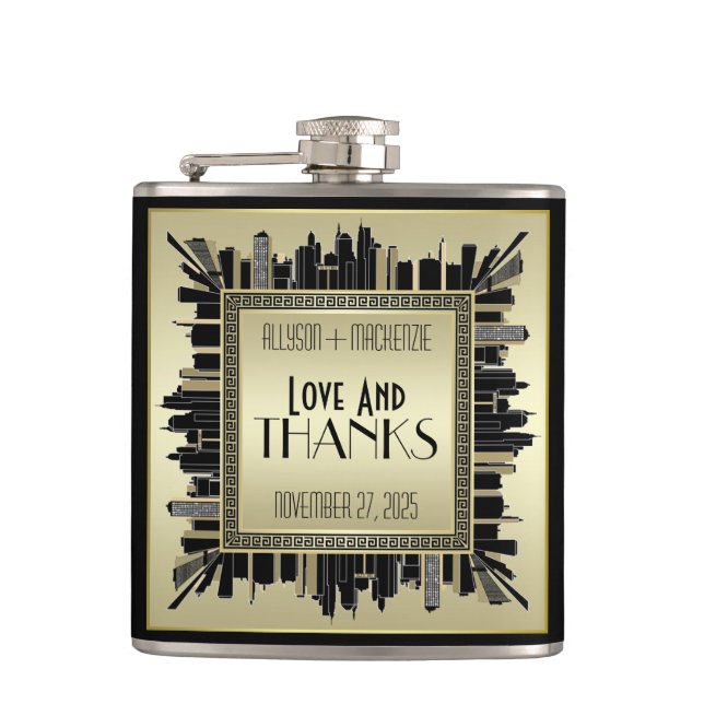 Art Deco Love & Thanks Wedding Champagne Gold Glam Hip Flask (Front)