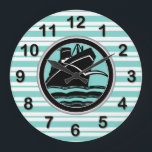 Art Deco Lt Blue Wht Striped Blk Ship DIY Markers Large Clock<br><div class="desc">Art-Deco Light Blue and White Stripes, Black Ship, with DIY Markers. An art deco black and white ship with a light blue and white striped background. There are 4 different colours of numbers for you to choose from. Select the number colour that you want to keep and remove all of...</div>