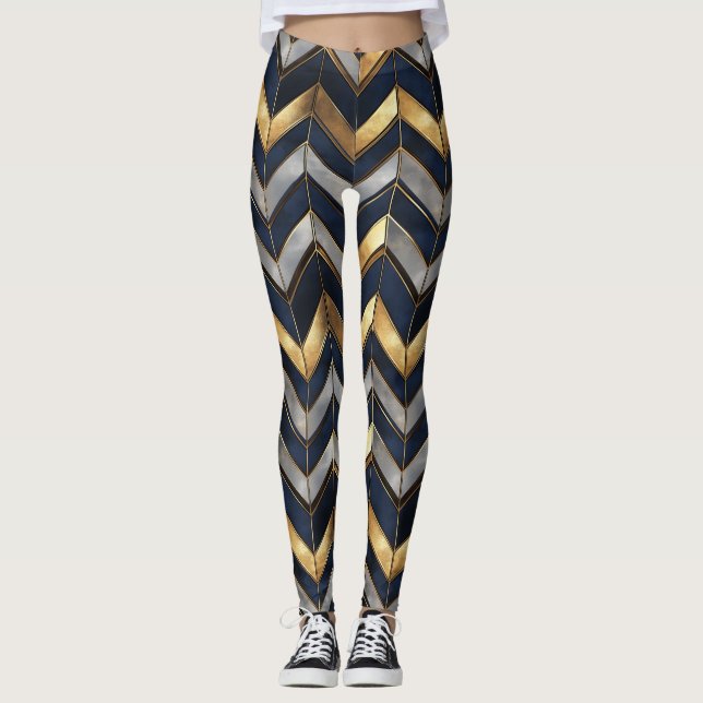 "Art Deco Luxury Design: Gold, Silver & Blue Leggings (Front)