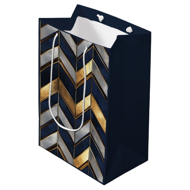 "Art Deco Luxury Design: Gold, Silver & Blue Medium Gift Bag (Front Angled)