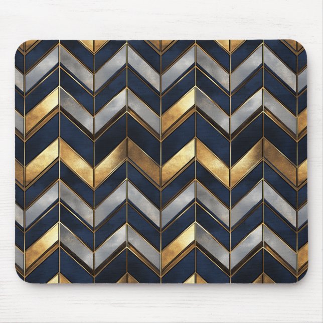"Art Deco Luxury Design: Gold, Silver & Blue Mouse Mat (Front)