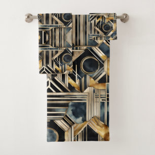 Art-deco marble Black and gold Jazzy Geometric  Bath Towel Set