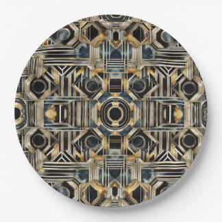Art-deco marble Black and gold Jazzy Geometric  Paper Plate