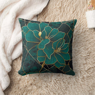 Art Deco Marble Mosaic Floral Emerald Green & Gold Cushion