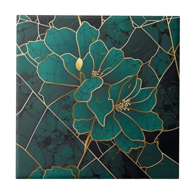 Art Deco Marble Mosaic Floral Emerald Green & Gold Tile (Front)