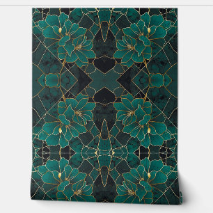 Art Deco Marble Mosaic Floral Emerald Green & Gold Wallpaper