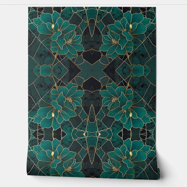Art Deco Marble Mosaic Floral Emerald Green & Gold Wallpaper (Unrolling)