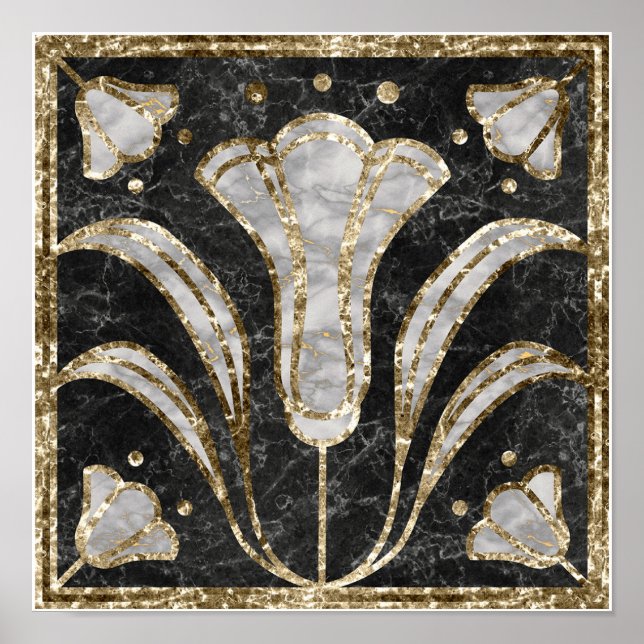 Art Deco Marble Tile Floral. Bluebell flowers Poster (Front)