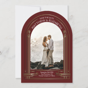 Art Deco Maroon Red Bronze Arch Save the Date Invitation