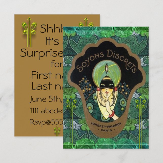 Art deco masked woman vintage surprise party invitation (Front/Back)
