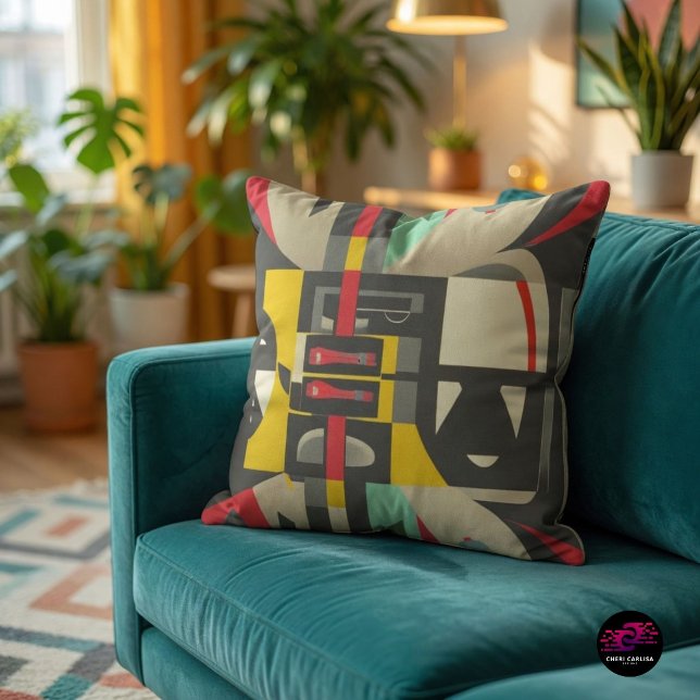 Art Deco Meets Mid-Century Modern Cushion (Mid-Century Modern color meets bold Art Deco geometry in one striking accent pillow.)