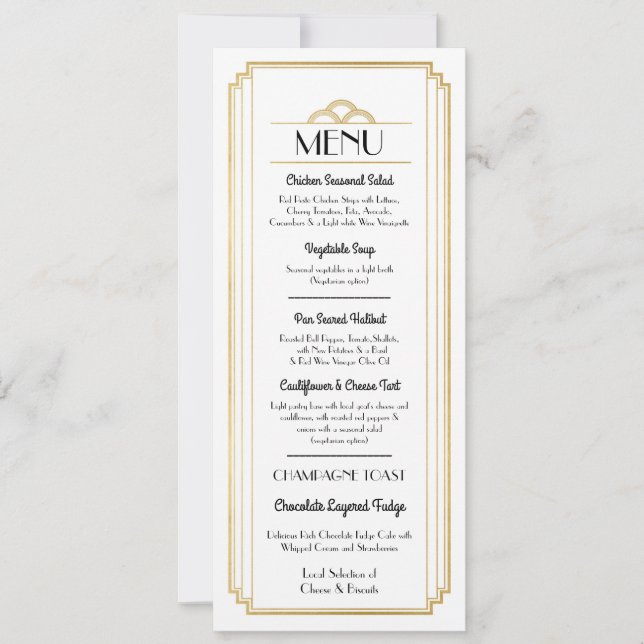 Art Deco Menu Gold White Wedding Reception Invitation (Front)