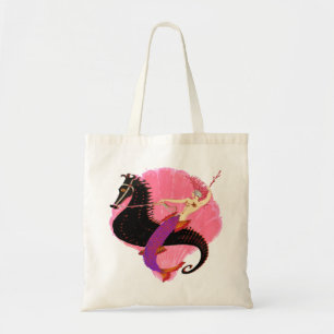 Art Deco Mermaid on Black Seahorse Tote Bag