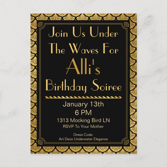 Art Deco Mermaid Scales - Black & Gold Invitation Postcard (Front)