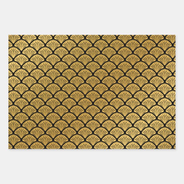 Art Deco Mermaid Scales - Black & Gold Wrapping Paper Sheet (Front)