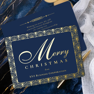 Art Deco Merry Christmas Navy Business  Foil Holiday Card